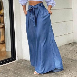 Kvinnors jeans elegant snörning med hög midja breda benbyxor 2023 Autumn European och American Half kjol avslappnad stor denim lång klänning