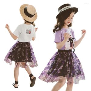 Set di abbigliamento Abiti estivi per ragazze Top per bambini in cartone animato e gonna in rete Poliestere Bianco Rosa Fiocco in pizzo Principessa Abiti casual per bambini