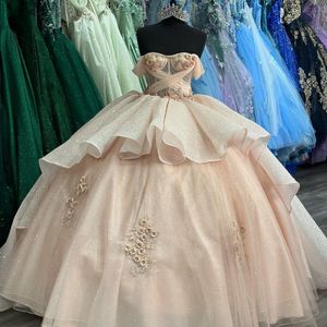 Light Champagne Shiny Off Shoulder Quinceanera Dress Prom Dress Floral Applique Princess Dress Lace Sweet 15 Year Old Party Dress