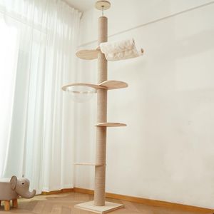 Scratchers stałe drewno nowoczesne kota skrobaczka kota podłogowa wieża kota z naturalnym sisal drapującym po centrum aktywności kota (z akcesoriami)