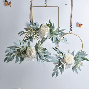 Dekorativa blommor Ciled Artificial Willow Leaves Metal Hoop Wreath Set of 3 Greenery With White Silk Peony Flower Hanging Wedding