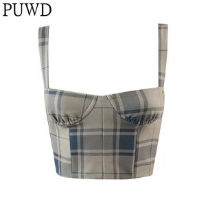 Camis Puwd Slim Girls Basic Knitwear Camis Plaid Print Print Backless Ladies Soft Short Tops 2021 Summer Fashion Female Seveless Crop Top