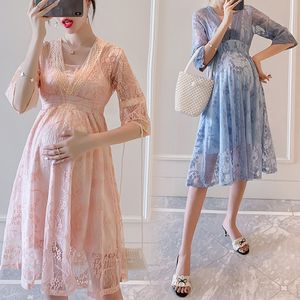 Vestidos de maternidade Moda Maternity Dress Casual Solid Lace V-deco