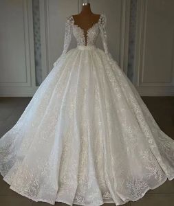 2023 Gorgeous Ballgown Wedding Dresses Bridal Gown Lace Applique Plunging V Neck Sequins Long Sleeves Plus Size Vestidos de novia Custom Made Chapel Garden