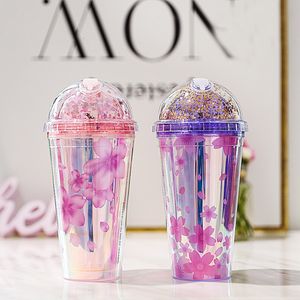 Wasserflaschen Koreanische Version von Colorful Glitter Ice Cup Summer Ice Cool Cup Juice Cup Plastic Straw Refrigeration Crushed Ice Water Cup 230428