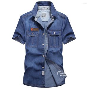 Men's Casual Shirts 4XL Summer Denim Shirt Men's Cotton Plaid Smart Short Sleeve Cargo Dress Man CLOTHES