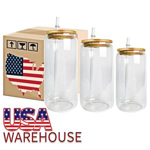 ABD CA Warehouse 16oz Süblimasyon Cam Kupalar Boşluklar Buzlu Açık Bira Borosilate Borosilate Tumbler Mason Kavanozları Plastik Samanlı