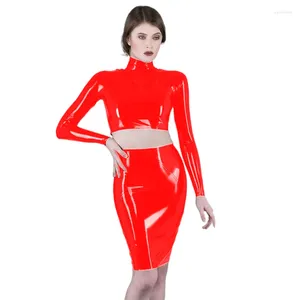 فساتين العمل الربيع/الخريف الصيف PVC PODHIVE BODYCON TOP مع تنورة مثيرة الملابس للنساء مجموعات مجموعات 2PCS