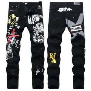 Men's Jeans European Jean Hombre Letter Star AM tiny spot Men Embroidery Patchwork Ripped Trend Brand Motorcycle Pant Mens Skinny AM3402# size 29-38