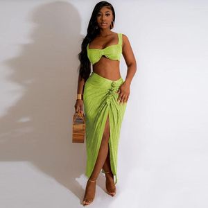Work Dresses Sexy Two Piece Skirts Outfits Women 2023 Summer Crop Top And High Split Maxi Dress Sets Pleat Party Beach Vacation Matching