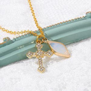 Ketten Mode Weibliche Kreuz Anhänger Halskette Goldene Farbe Kette Opal Kristall Charme Choker Für Frauen Männer Gebet Frieden Gesundheit Schmuck