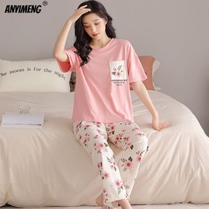 Kvinnors sömnkläder Summer Pyjamas Set Short Sleeve Long Pants Sleepwear For Girls Floral Printing Nightwear Plus Size 4xl Fashion Woman Pijamas 230428