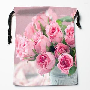 Storage Bags Funny Pink Roses Drawstring 18X22CM Soft Satin Fabric Resuable Clothes Bag Shoes 11-4