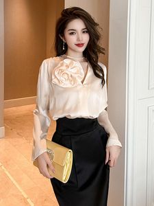 Women's Blouses Spring Summer Elegant Clothes For Women Sweet Korean Satin Shirt Long Sleeve Flower Loose Shirts And Office Lady Tops