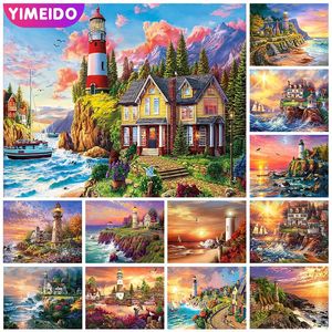 Liczba Yimeido DIY Malarstwo według liczb Malowidło oleżyce Lighthouse Ręcznie malowane krajobrazowe płótno zdjęć ze zdjęciami