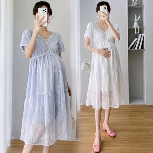 Maternity Dresses 857# Summer Korean Fashion Maternity Long Dress Elegant A Line Loose Clothes for Pregnant Women Sweet Pregnancy Postpartum 230428