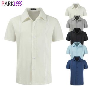 Camisas de vestido masculinas Camisa tradicional de acampamento cubano masculino Camisa Guayabera Manga curta Bordada Bordas Camisetas de praia México estilo caribenho Chemsie P230427