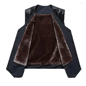 Gilet da uomo Gilet da uomo caldo Elegante scollo a V in ecopelle di mezza età con fodera in peluche Tasche multiple Design antivento per l'autunno