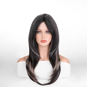 Syntetiska peruker peruk naturlig svartgrå mikro krullad lång rakt hår matt hög temperatur fiber peruk kvinnor huvudskydd