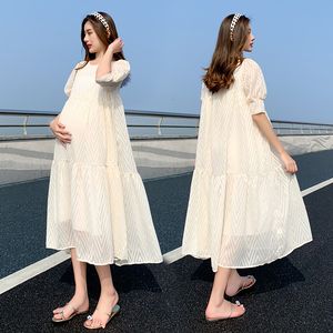 Бердиториальные платья для беременных с половинным рукавом хлопковое платье беременность дышащее белое миди -платье беременная свободная талия Большой размер повседневные наряды 230428