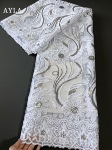 Tyg Pure White Lace African Fabric Nigerian 3D Embrodery Lace Material Brudtyg med sekvens 2022 Högkvalitativ spets 5 meter