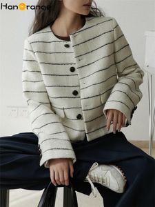 Blends Hanorange 2022 Autumn Vintage Singledided wełniana kurtka Kobiet Striped Lose Temperament Long Sleeve Płaszcz Kobieta na górze