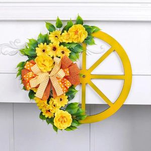 Flores decorativas flor amarela decoração roda grinalda rústica redonda artificial com primavera ponto xadrez bowknot frente para um