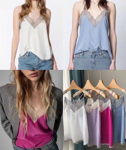 Camis 100% Seide Leibchen Frauen Einfarbig Sexy 2022 Sommer Ärmellose Spitze Nähte Weibliche Vneck Sling Tops