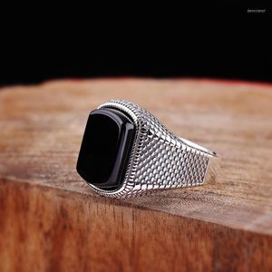 Cluster Rings Real 925 Sterling Silver Color Open Size Vintage Wedding Black Stone Ring For Men Women Thai smycken gåvor