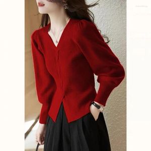 Men's Sweaters Red Ladies V-neck Knitted Top For Women Pullover Trend 2023 Korean Luxury Knitwear Collection Jumper Y2k Vintage In