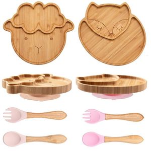 Cups Dishes Utensils 3Pcs Wooden Dinner Plate Silicone Suction Cup Kids Feeding Tableware Bamboo Wood Non-slip Dinnerware Baby Feeding Plate Free BPA 230428