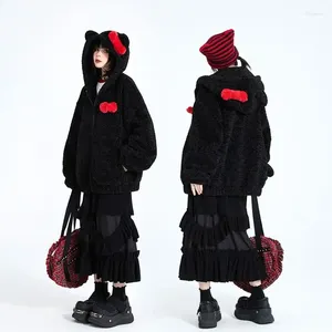 Women's Jackets Contrasting Long-sleeved Lamb Wool Coat Hooded Sweatshirt Black Bow Kawaii Jacket Winter Clothes Women Harajuku Varsity