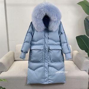 女性Sファーフェイク冬のゆるい風の長いコート女性リアルナチュラルフード付きジャケット90ホワイトダックダウン濃い暖かい雪のアウトウェア231127