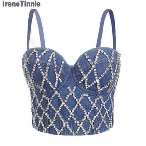 Jeans Irene Tinnie Sexig charmig denim Jeans Diamonds Women's Bustier Bra Night Club Party Croped Top Vest Plus Size
