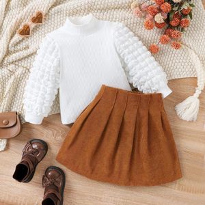 Clothing Sets Baby Girl Clothes Autumn Winter Bubble Sleeve High Collar Long Top Corduroy College Pleated Skirt Fashion Kids Girls