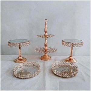 Andra Bakeware Tools 5st/Lot Gold Crystal Metal Cake Stand Set Acrylic Mirror Cupcake Drop Delivery Home Garden Kitchen Dining Bar OTB1U