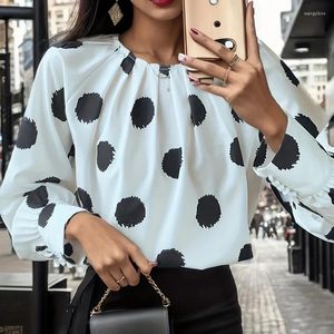 Kadın Bluzları 2024 Bahar Polka Dot Baskılı Kadınlar Bluz Gömlekleri Zarif O-Yastık Ofis Bayanlar Top Sonbahar Uzun Kollu Dikken