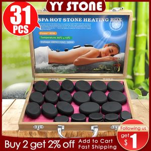 Helkroppsmassager Tontin 31st/set Stone Massage Set Tool Basalt Massage Stones 220V/110V Bambu värmare Box CE ROHS Rund stenmassager 231128