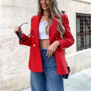 Jackets femininos Ladies Jaqueta de Trespotada Dupla Elegante Mulher Red Tweed Blazer Coat Spring Moda Feminina Feminina Vintage Outwear