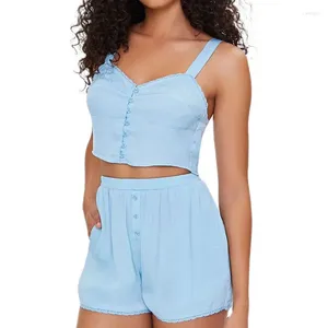 Mulheres Tracksuits WPNAKS Mulheres 2 Peça Lounge Set Roupas de Verão Sem Mangas V Neck Lace Trim Cami Tops Casual Wide Leg Shorts Pijamas