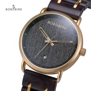 Armbandsur Bobo Bird Luxury Watch Wood Auto Date Golden Metal Wrist for Men Christmas Gift With Box Relogio Masculino