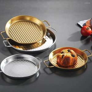 Plates Pizza Pan Double Handle Grooved Design Barbecue Plate Stackable Stainless Steel Mirror Polished Dinner