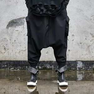Byxor män överdimensionerade mörka svart låga gren korsbyxor manliga kvinnor japan streetwear hip hop punk gothic harem byxor joggar svettbyxor