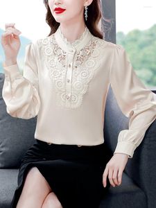 Women's Blouses Soft Satin Spliced Lace Fashion Women Solid 2023 Elegant And Beauty Tops Vintage Long Sleeve Female Office Shirts