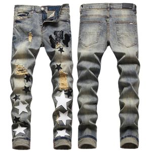 Men's Jeans European Jean Hombre Letter Star AM tiny spot Men Embroidery Patchwork Ripped Trend Brand Motorcycle Pant Mens Skinny AM3096# size 29-38