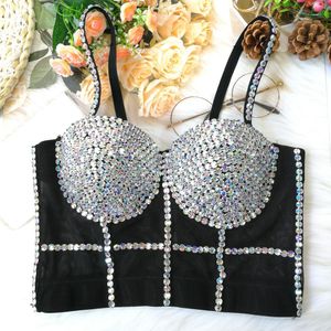 T-shirt Cupnaya MultiColor Diamantes Donna Sexy Push Up Crop Top Corsetto lucido Bustier Canotta Nightclub Dance Camgirl Vest Nero Nudo