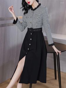 Sukienki swobodne 2023 jesień zima wełniana dzianina gruba ciepła sukienka Kobiety czarny houndstooth elegancka koreańska moda bodycon formalne vestidos