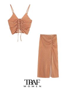 T-shirt Trafı Kadın Moda Drawstrings Gingham Mahsul Tank Tops Vintage Sırtsız İnce Kayışlar Kadın Camis Mujer