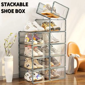 Storage Boxes Bins Transparent Shoe Box Thickened Plastic Case Stackable Shoes Organizer Fold Dustproof Side Door Opening Cabinet W0428