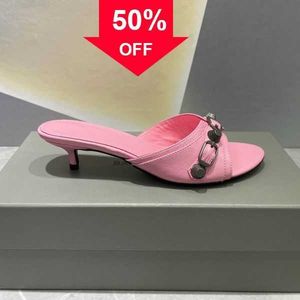 Studded buckle embellished slippers sandals shoes slip on open Rounded Toes women's slim medium heel slippers luxury designers shoes111